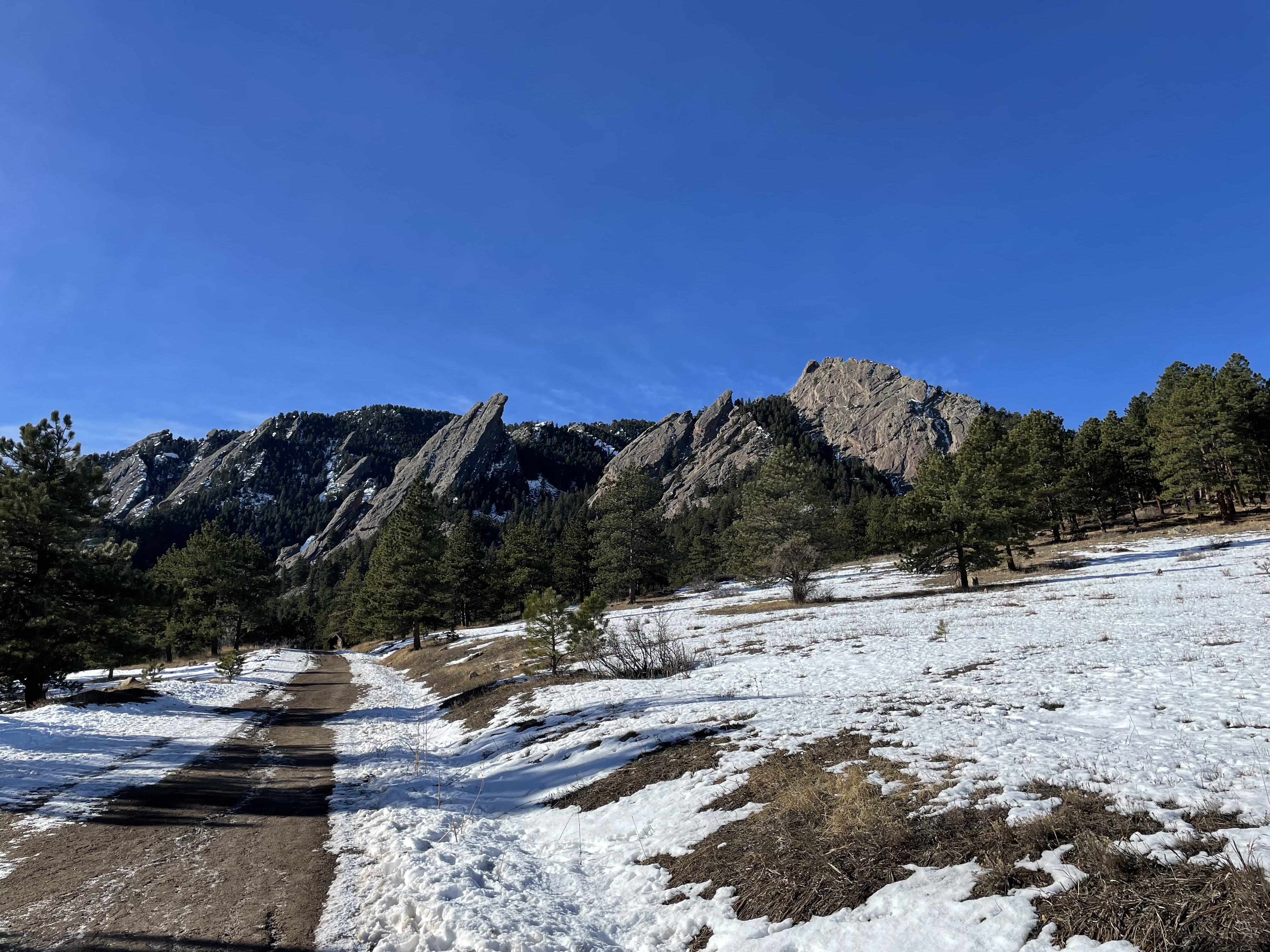 Boulder Flatirons covered with snow